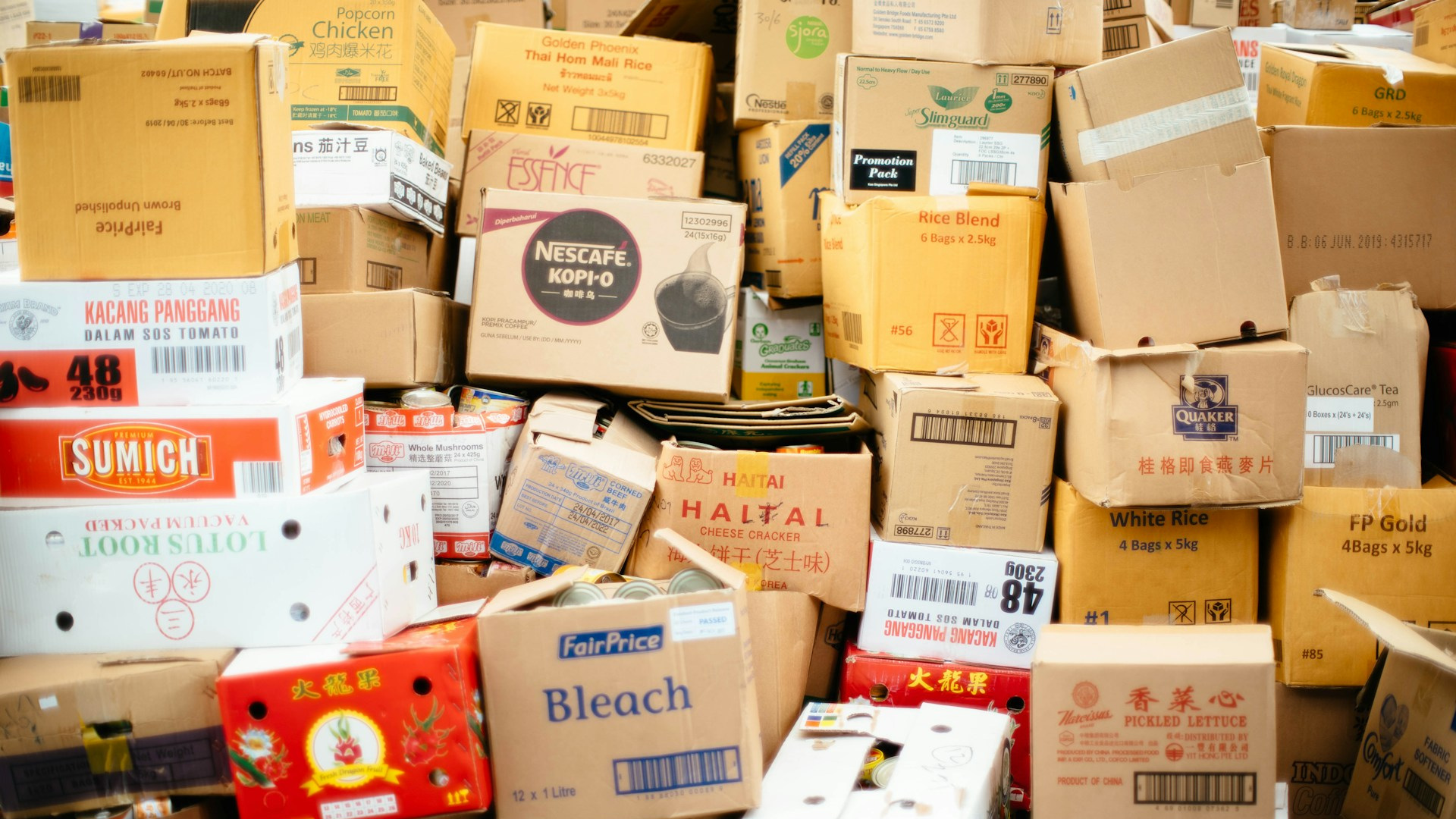 A collection of boxes with various names on them all