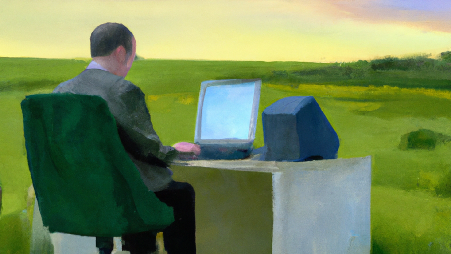 a man working at a computer in a grassy field