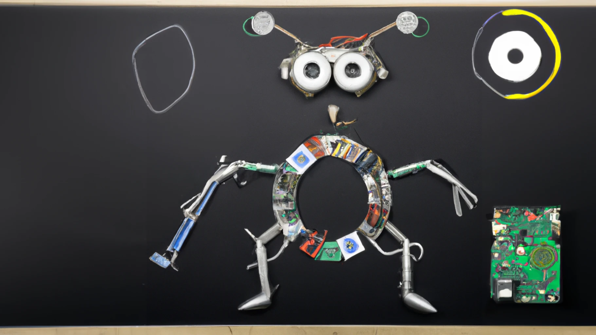 a bug made from computer parts on a chalkboard